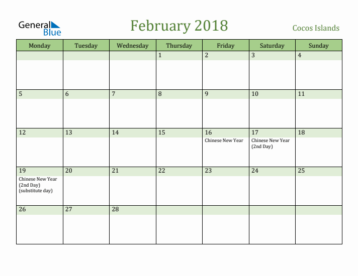 February 2018 Calendar with Cocos Islands Holidays