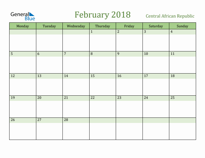 February 2018 Calendar with Central African Republic Holidays