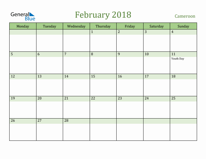 February 2018 Calendar with Cameroon Holidays