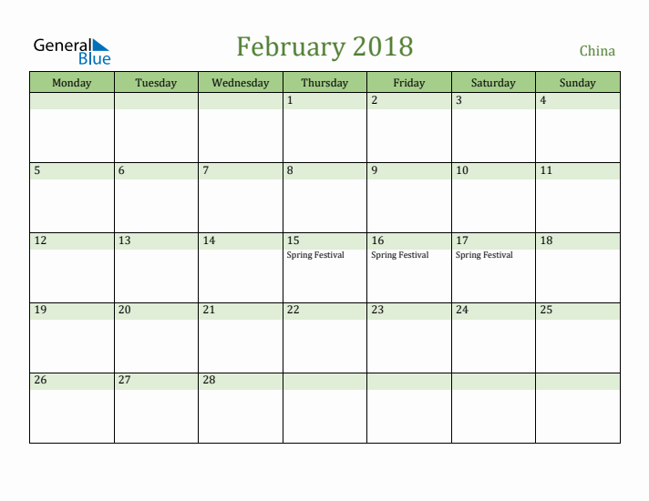 February 2018 Calendar with China Holidays