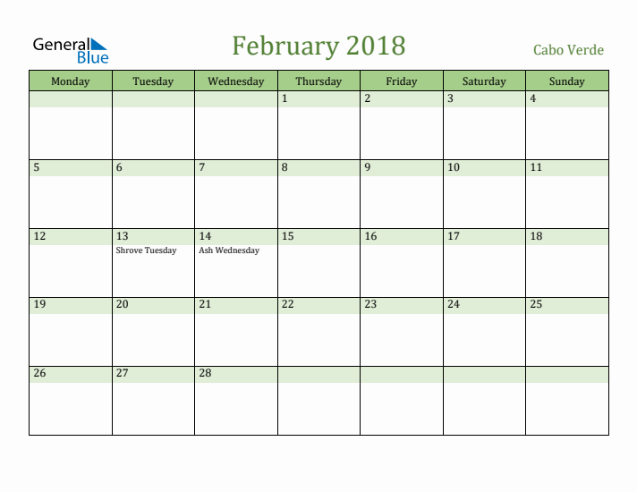 February 2018 Calendar with Cabo Verde Holidays