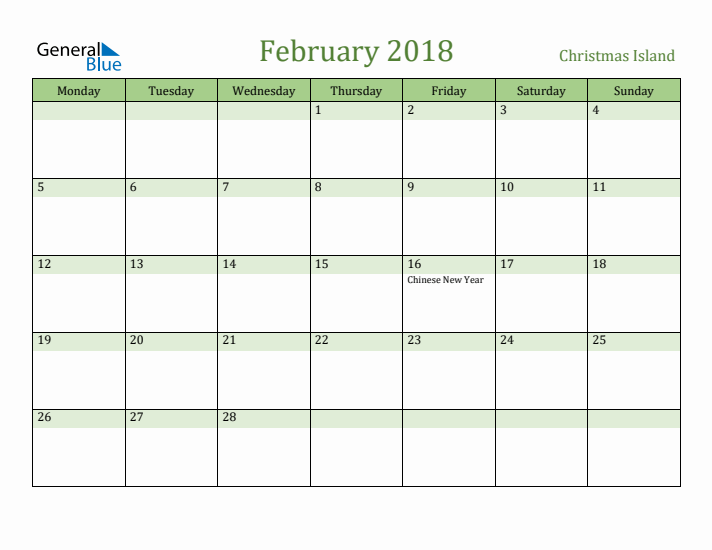 February 2018 Calendar with Christmas Island Holidays