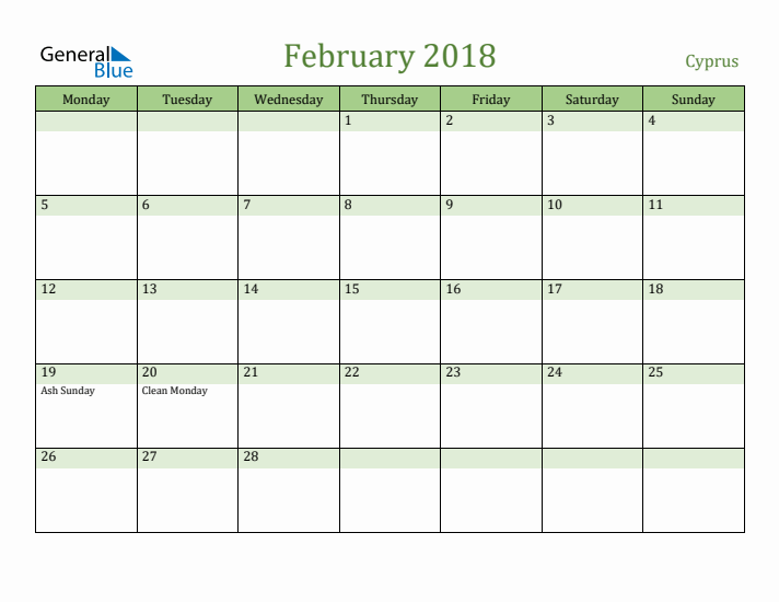 February 2018 Calendar with Cyprus Holidays