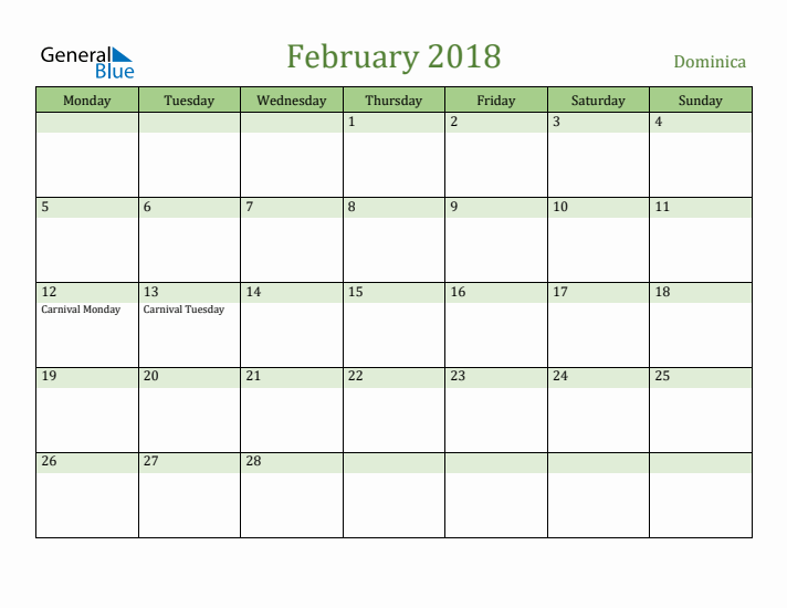 February 2018 Calendar with Dominica Holidays
