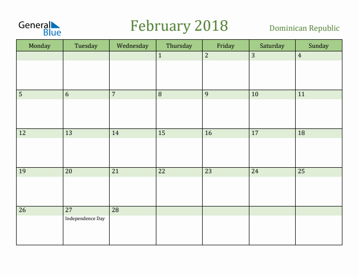 February 2018 Calendar with Dominican Republic Holidays