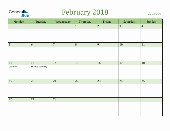 February 2018 Calendar with Ecuador Holidays