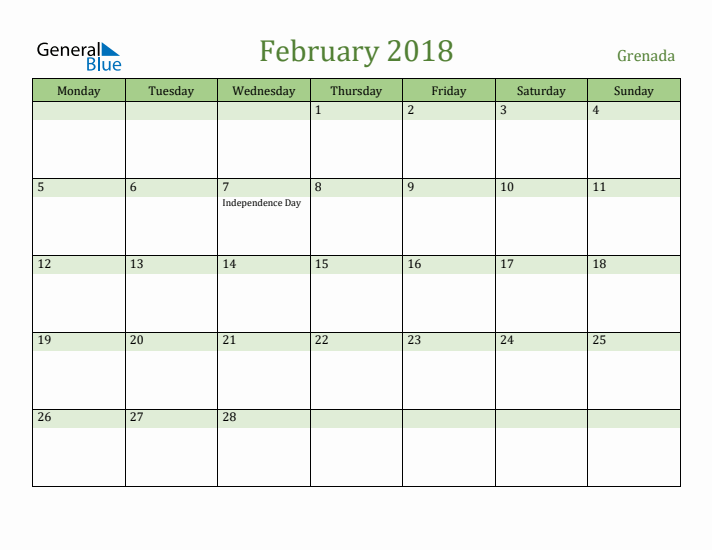 February 2018 Calendar with Grenada Holidays
