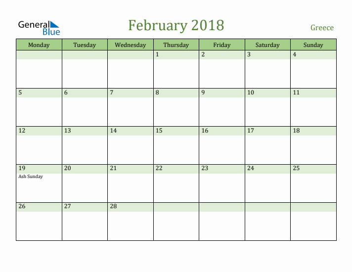 February 2018 Calendar with Greece Holidays