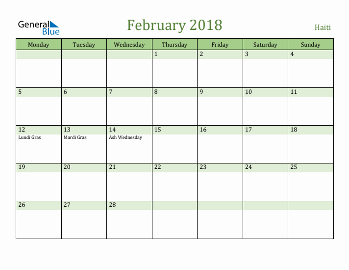 February 2018 Calendar with Haiti Holidays