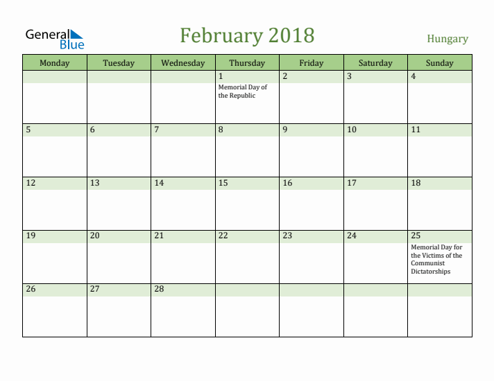 February 2018 Calendar with Hungary Holidays