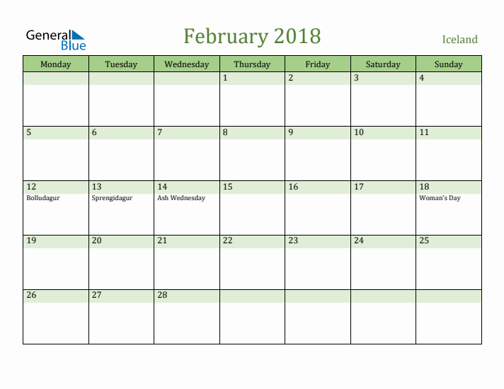 February 2018 Calendar with Iceland Holidays