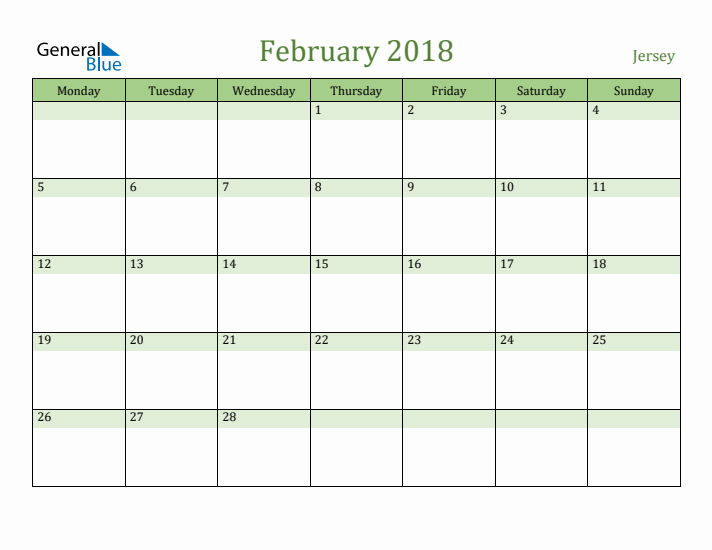 February 2018 Calendar with Jersey Holidays