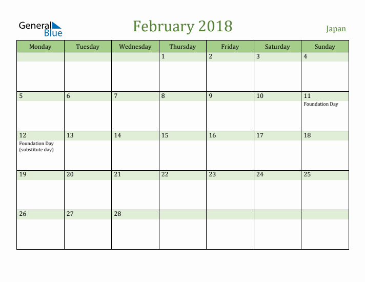 February 2018 Calendar with Japan Holidays