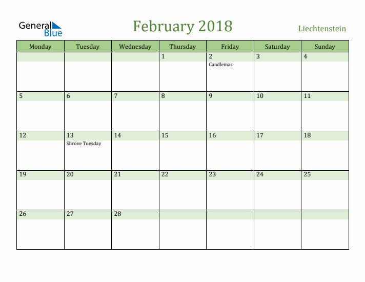 February 2018 Calendar with Liechtenstein Holidays