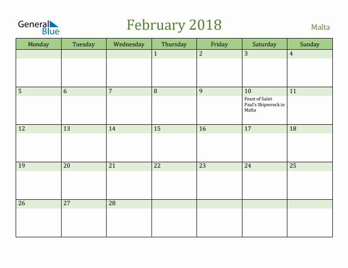 February 2018 Calendar with Malta Holidays