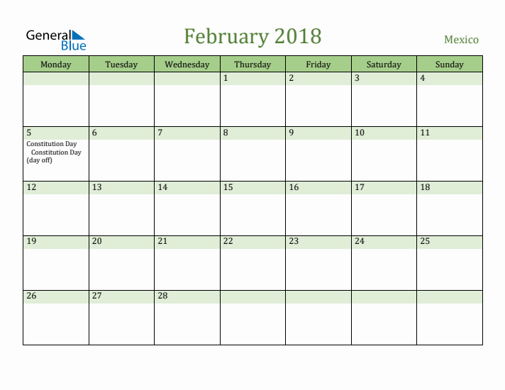 February 2018 Calendar with Mexico Holidays