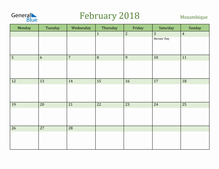 February 2018 Calendar with Mozambique Holidays