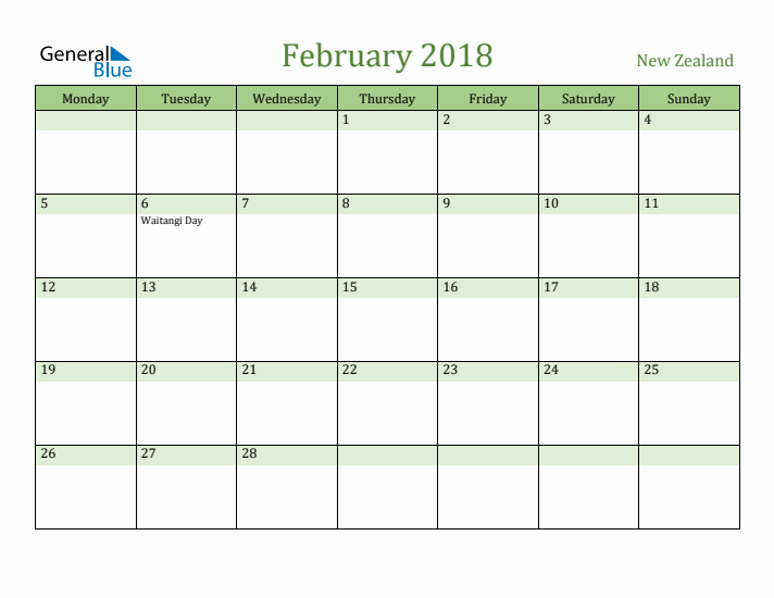 February 2018 Calendar with New Zealand Holidays