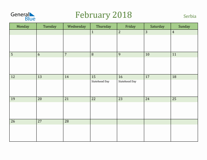 February 2018 Calendar with Serbia Holidays