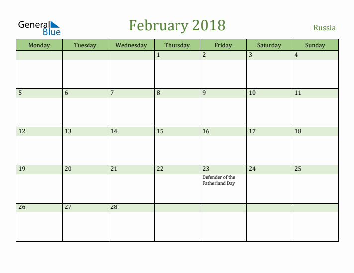 February 2018 Calendar with Russia Holidays