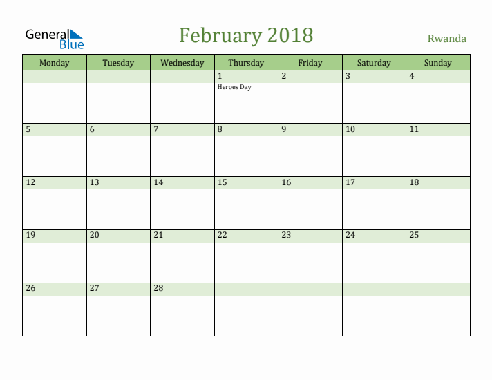 February 2018 Calendar with Rwanda Holidays