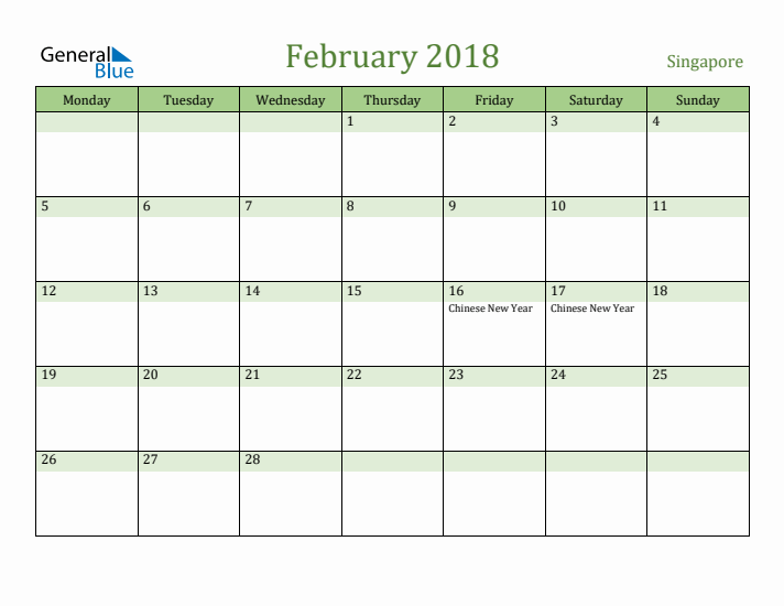 February 2018 Calendar with Singapore Holidays