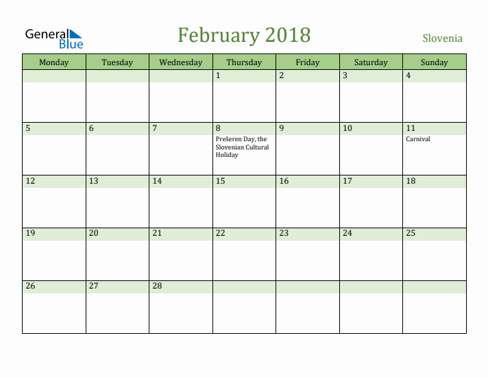 February 2018 Calendar with Slovenia Holidays