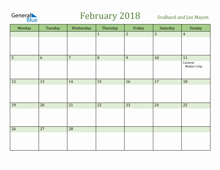 February 2018 Calendar with Svalbard and Jan Mayen Holidays