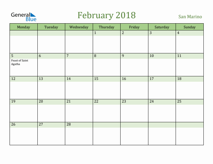 February 2018 Calendar with San Marino Holidays