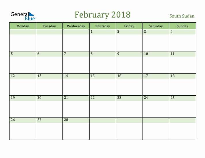 February 2018 Calendar with South Sudan Holidays