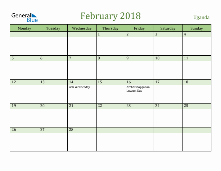 February 2018 Calendar with Uganda Holidays