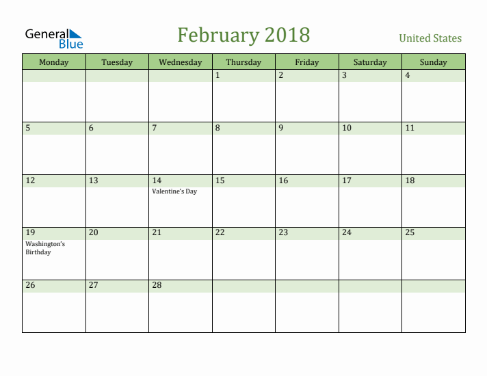 February 2018 Calendar with United States Holidays