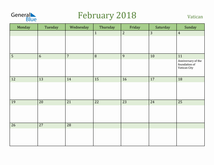 February 2018 Calendar with Vatican Holidays