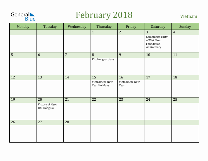 February 2018 Calendar with Vietnam Holidays