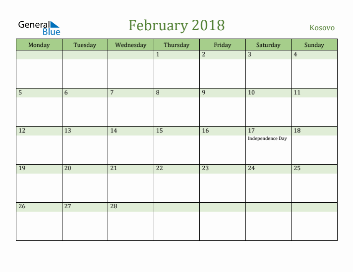 February 2018 Calendar with Kosovo Holidays