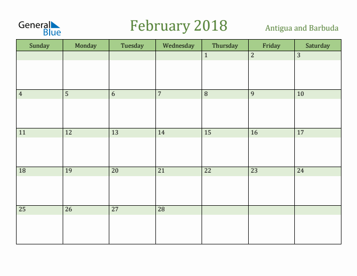 February 2018 Calendar with Antigua and Barbuda Holidays
