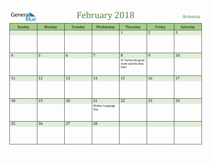 February 2018 Calendar with Armenia Holidays