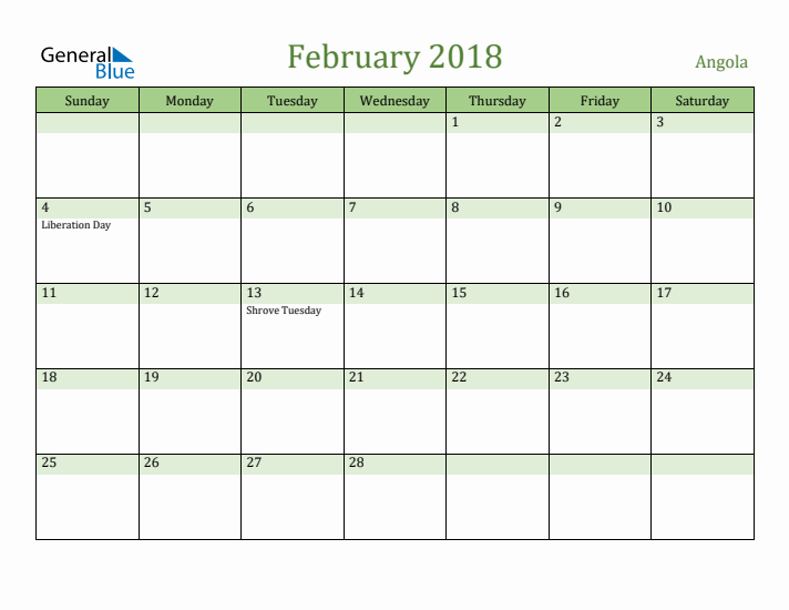 February 2018 Calendar with Angola Holidays
