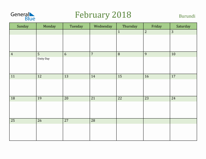 February 2018 Calendar with Burundi Holidays