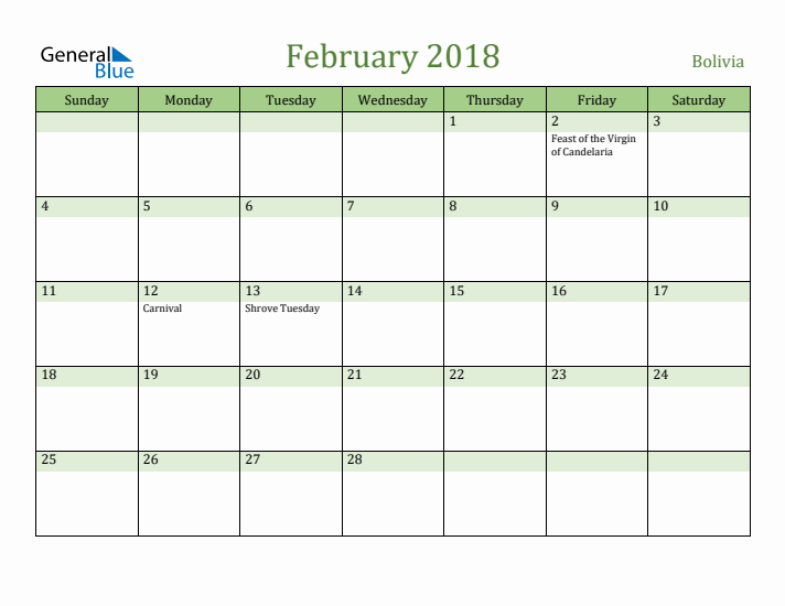 February 2018 Calendar with Bolivia Holidays