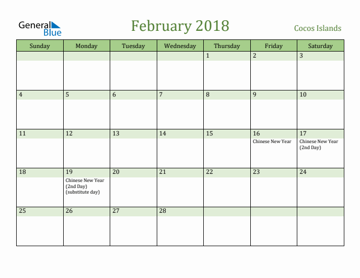 February 2018 Calendar with Cocos Islands Holidays