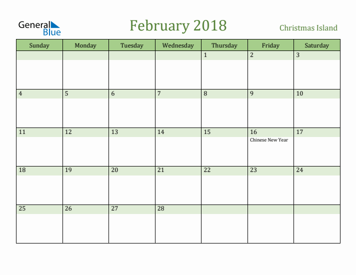 February 2018 Calendar with Christmas Island Holidays