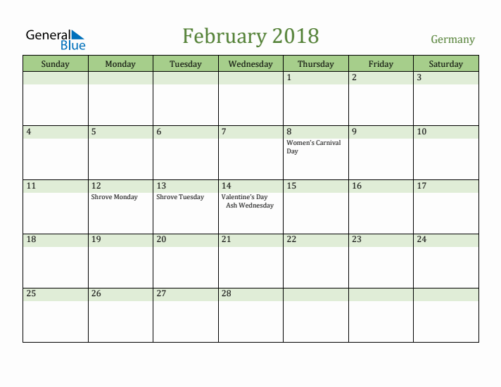 February 2018 Calendar with Germany Holidays