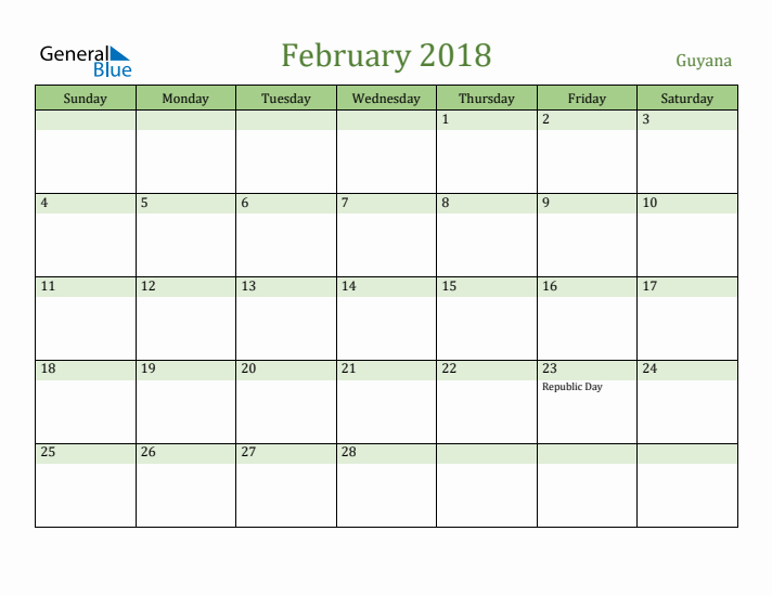 February 2018 Calendar with Guyana Holidays