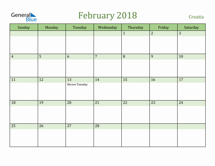February 2018 Calendar with Croatia Holidays