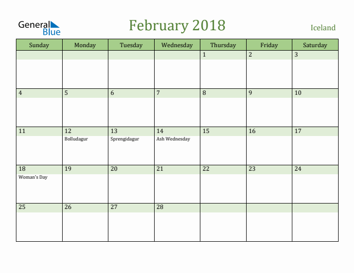 February 2018 Calendar with Iceland Holidays