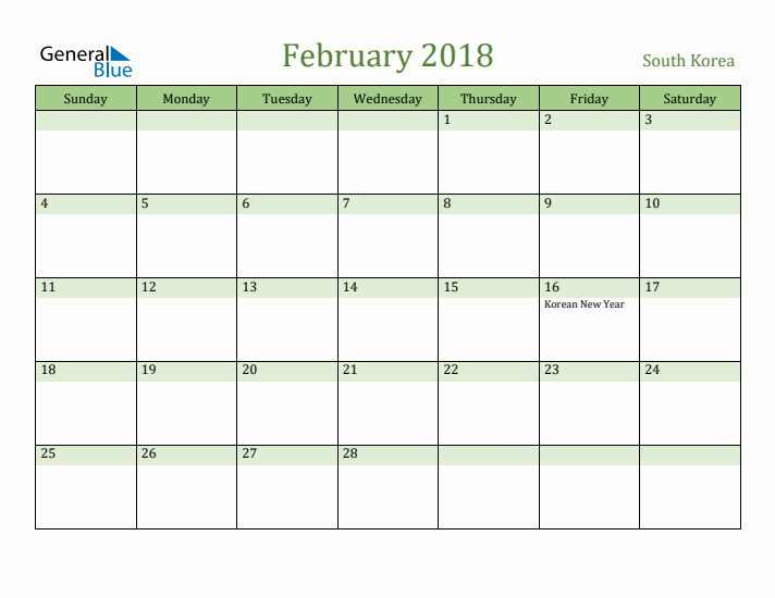 February 2018 Calendar with South Korea Holidays