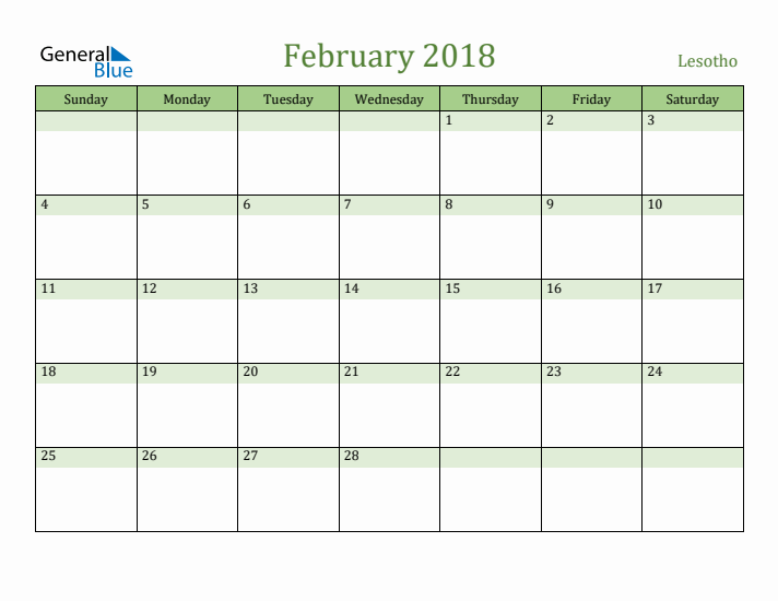 February 2018 Calendar with Lesotho Holidays