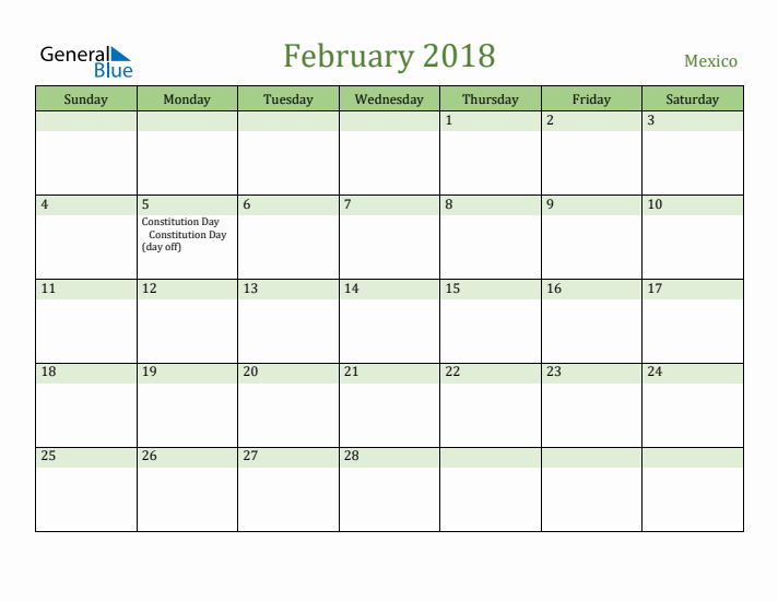 February 2018 Calendar with Mexico Holidays