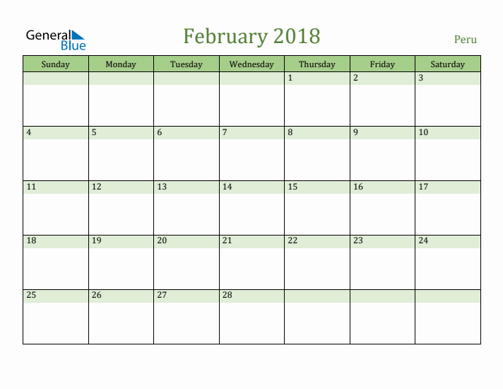 February 2018 Calendar with Peru Holidays